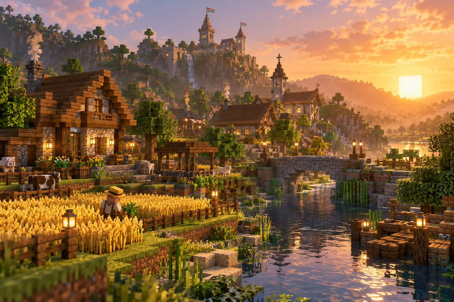 Napfényes voxel-falu gazdasággal Napfényes voxel-falu gazdasággal